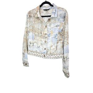 Charlie B Women's Imprime Atlas Art Map Print Cropped Jacket Frayed Hem Size M